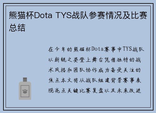 熊猫杯Dota TYS战队参赛情况及比赛总结